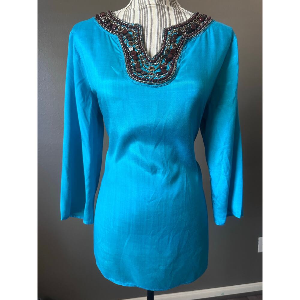 Chico’s Turquoise Beaded Tunic Top Size 1 NWT Boho